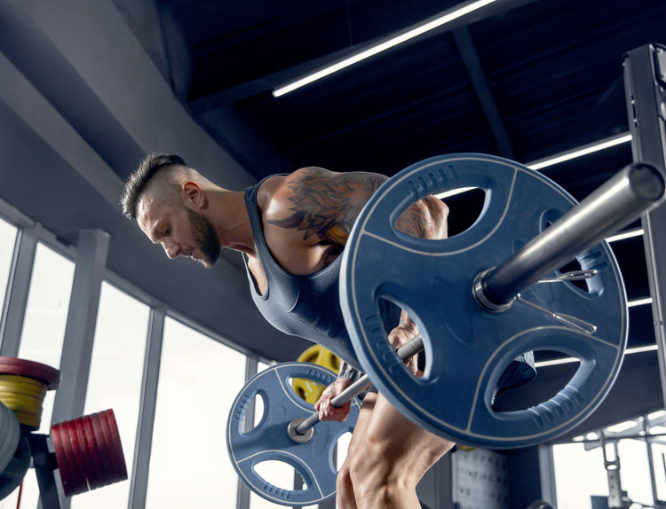 Man in workout clothing, lifting a weighted barbell.