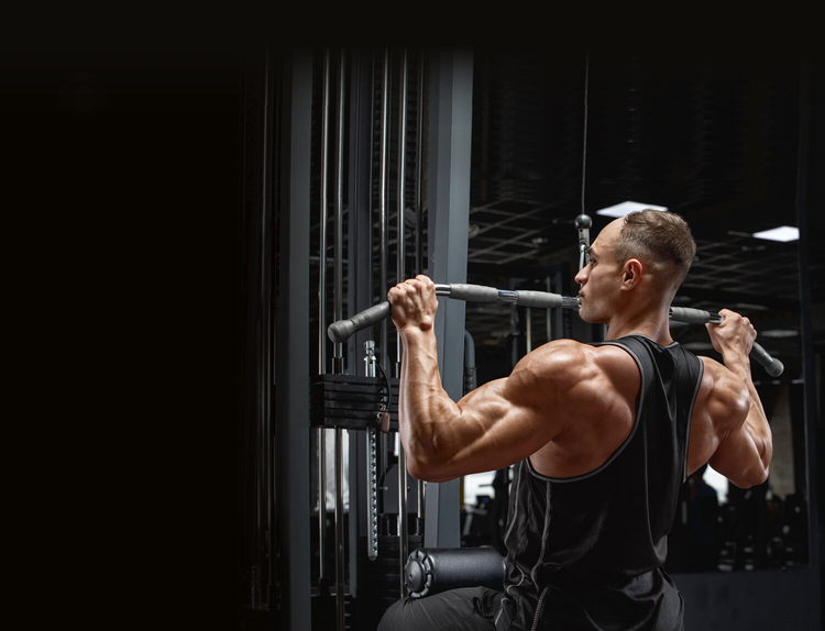 Person doing a lat pulldown workout. .