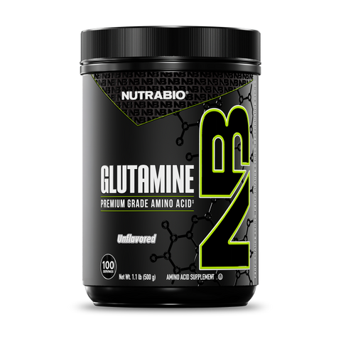 A black NutraBio Glutamine container labeled "Premium Grade Amino Acid" (NB in green) offers 100 servings of pure, unflavored L-Glutamine. This vegan supplement supports fitness goals and muscle recovery.