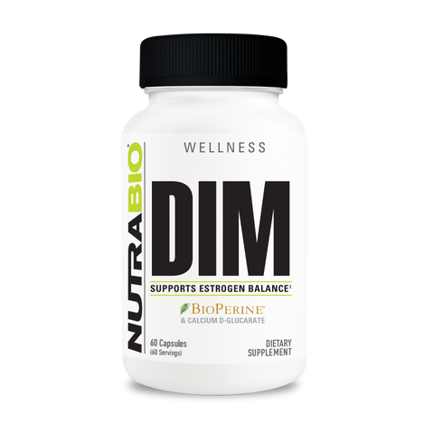 A white tub of NutraBio's DIM supplement on a white background.