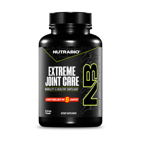 A black NutraBio Extreme Joint Care bottle features yellow and white text, supports joint health, mobility, cartilage, flexibility, and offers relief in 5 days. Contains 30 servings; labeled as a dietary supplement.