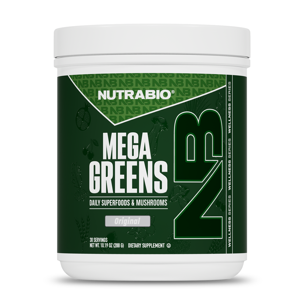 NutraBio Mega Greens comes in a white container with a green label displaying “NB,” “Mega Greens,” and “Daily Superfoods & Mushrooms.” This supplement offers 30 servings for natural energy and immune defense.