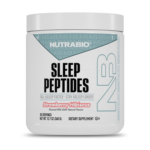 NutraBio Sleep Peptides in Strawberry Hibiscus is a white container with "Fall Asleep Faster - Stay Asleep Longer" on the label, providing 30 servings of natural sleep aid and deep sleep support.