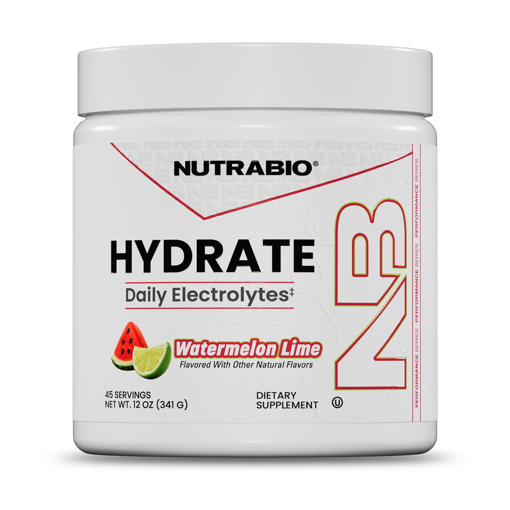 White plastic tub of Hydrate watermelon lime electrolyte drink mix, featuring a label with a slice of watermelon and a lime wedge.