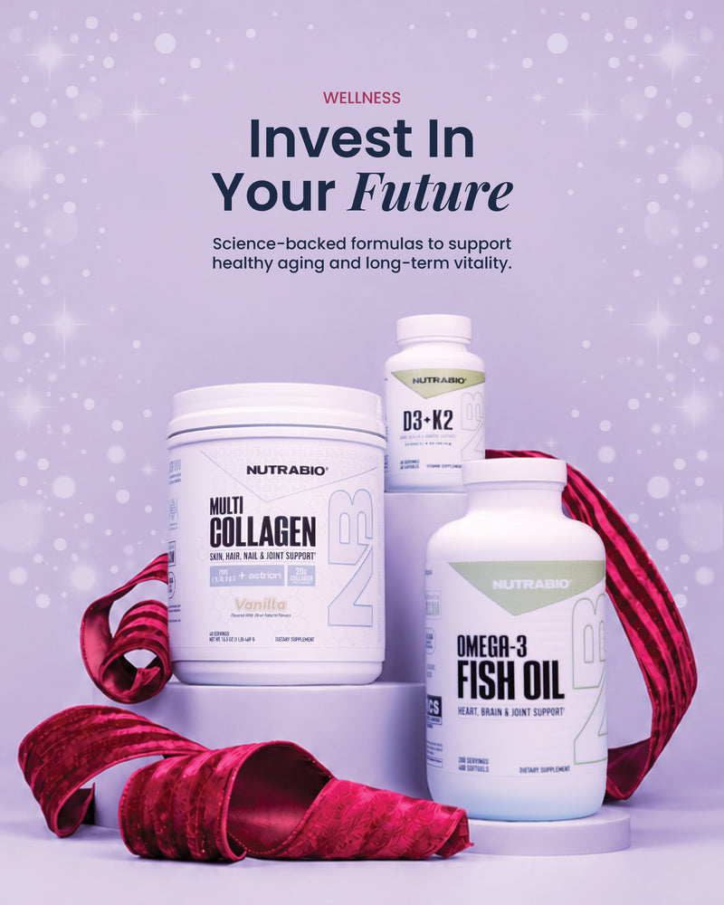 Nutrablio supplement bottles, including Multi Collagen, D3+K2, and Omega-3 Fish Oil, arranged on podiums with a red ribbon.
