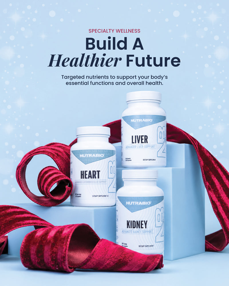 Nutrabio Heart, Liver, and Kidney supplement bottles arranged on blue pedestals with a red ribbon.