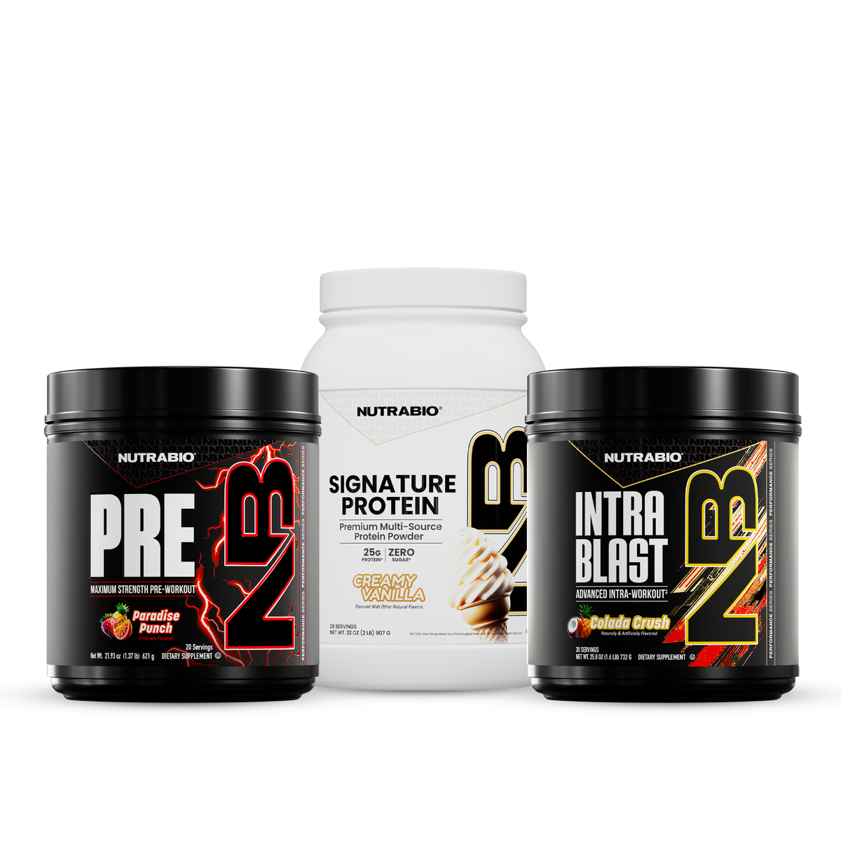 Two black tubs of Advanced Training Stack pre-workout supplement powder flanking a white tub of premium protein.