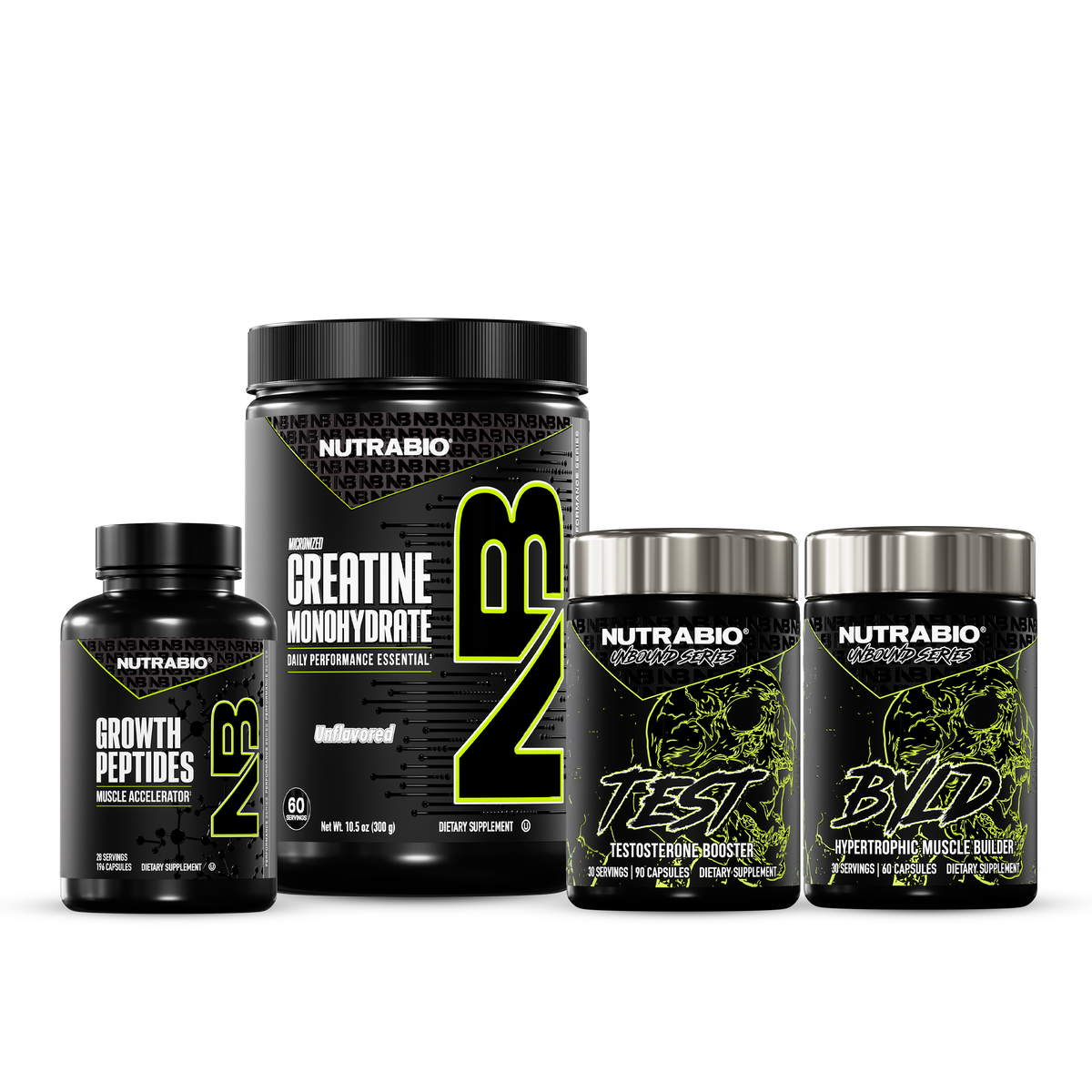 The Strength Essentials Stack consisting of four black containers, including a large tub of creatine monohydrate and three smaller bottles of natural testosterone support capsules.