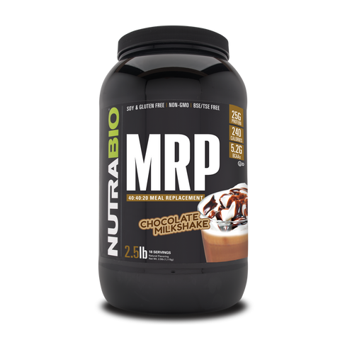 A black tub of NutraBio's MRP supplement on a white background.
