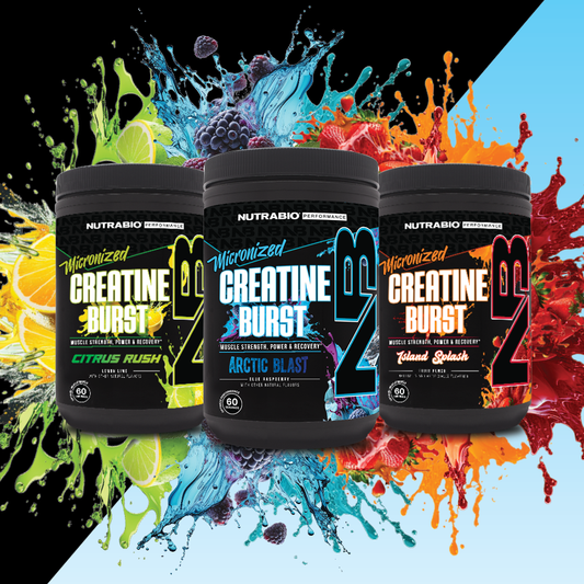 Bottles of NutraBio's Creatine Burst supplement in three different flavors.