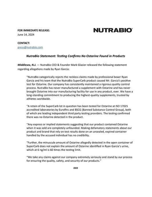 NutraBio Statement: Testing Confirms No Ostarine Found in Products