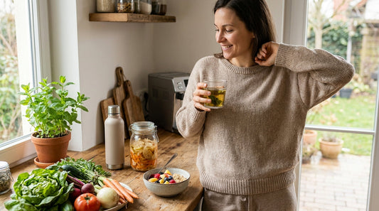 A woman in a cozy kitchen holds a glass of green drink beside fresh vegetables, herbs, fruit, and jars on a wooden countertop.