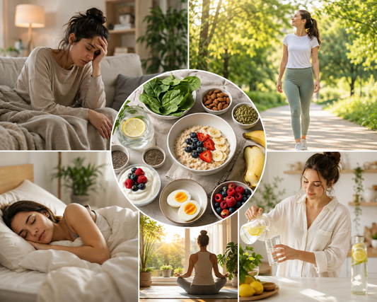 Woman practicing healthy lifestyle habits through nutritious meals, hydration, walking, meditation, and restful sleep.