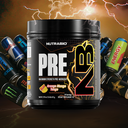 A black container of NutraBio PRE workout powder in Orange Mango Tango flavor is displayed in front of toppled energy drink cans with a dramatic lightning-filled background.
