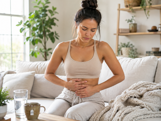 Woman holding her stomach while sitting on a couch with a glass of water nearby