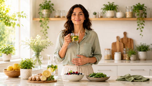 Woman holding a green wellness drink in a bright kitchen surrounded by fresh fruit, herbs, and healthy foods.