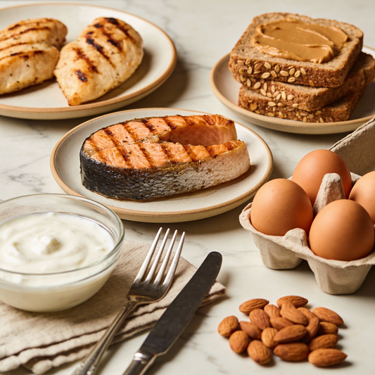 A variety of protein-rich foods including grilled chicken, salmon, eggs, almonds, Greek yogurt, and peanut butter on whole grain toast are arranged on a marble surface.