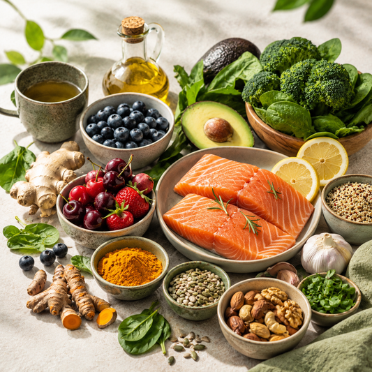 A colorful spread of salmon, avocado, broccoli, berries, nuts, turmeric, quinoa, lemon, and olive oil is arranged on a table.
