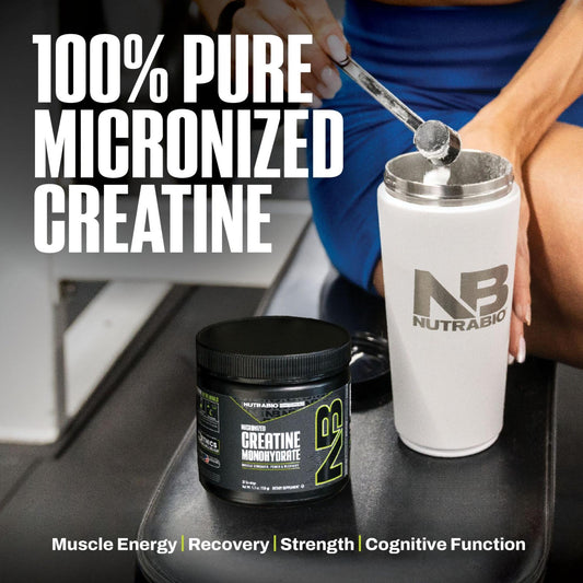 A person scoops NutraBio creatine into a shaker, with a labeled container beside and benefits like energy, strength, and focus shown below.