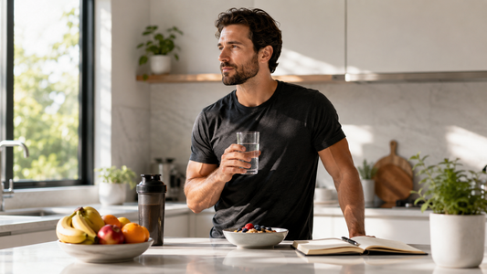 Man holding a glass of water in a bright kitchen with fruit, a protein shaker, and breakfast bowl on the counter
