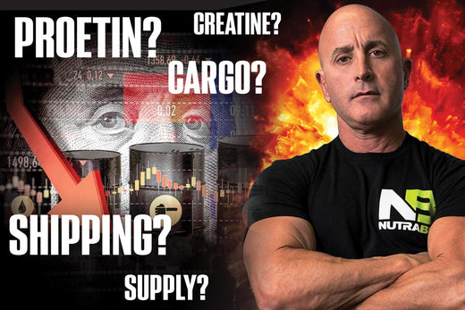 NutraBio CEO Mark Glazier, next to the words protein, creatine, cargo, cargo, shipping, and supply.