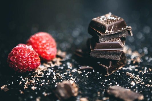 raspberries on the left, darck chocolate on the right