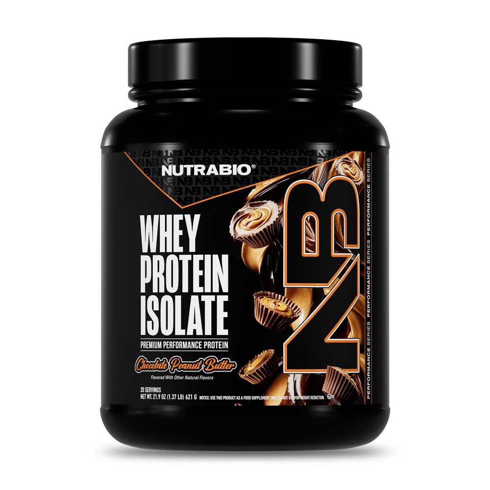 Nutrabio Whey Protein Isolate container with chocolate peanut butter flavor on a white background