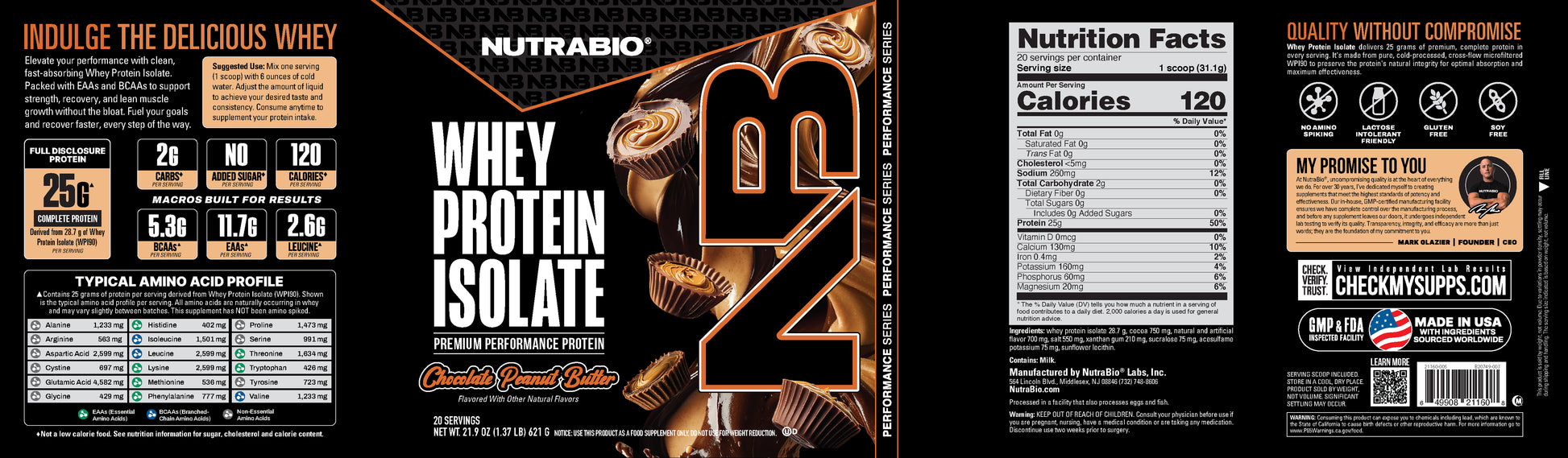 NUTRABIO whey protein isolate package with nutritional information and branding.
