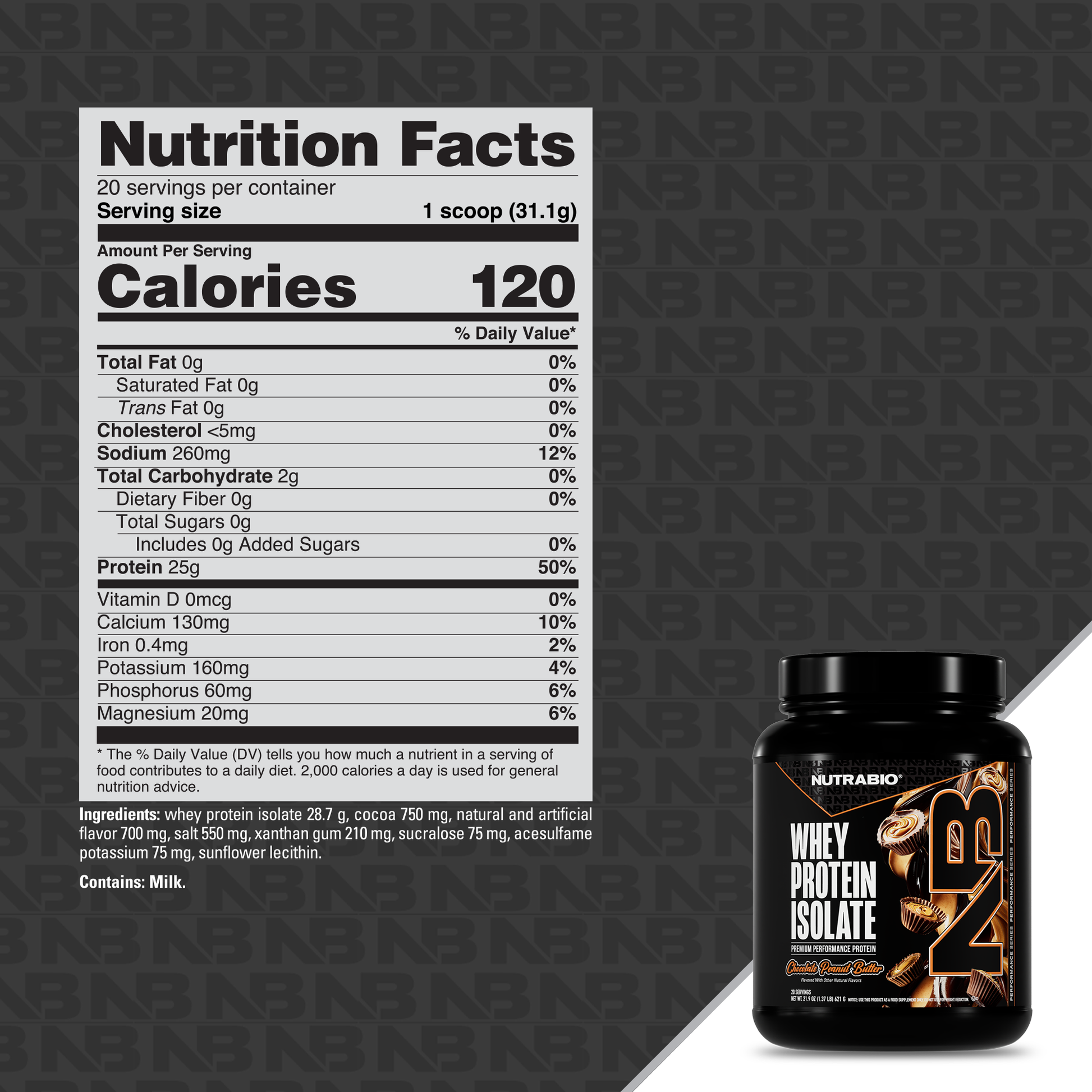 Nutrition facts label and NutraRdio whey protein isolate container on a black background with brand logo.
