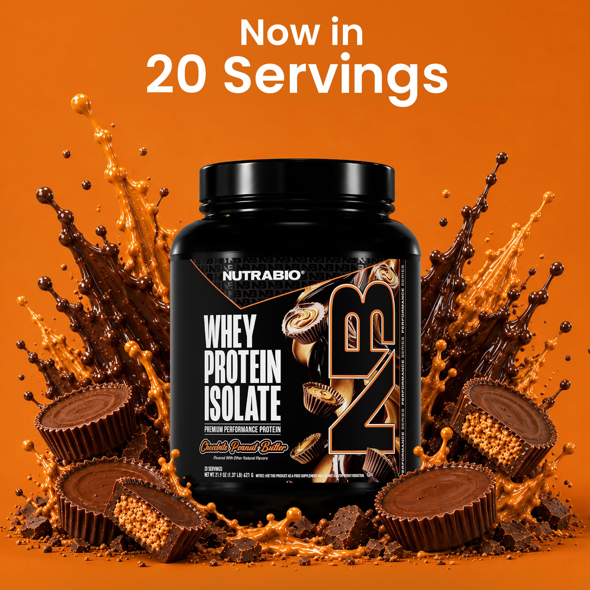 NUTRABIO whey protein isolate container with chocolate cups on an orange background