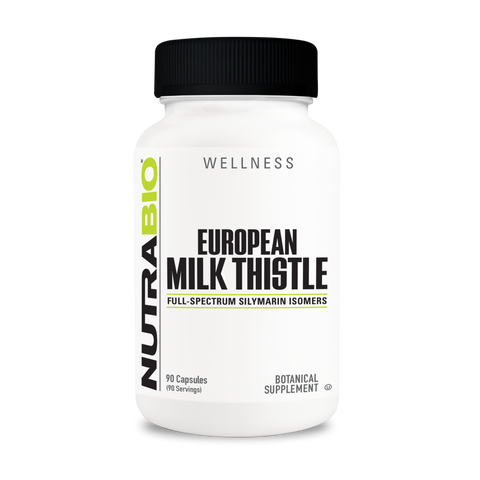 A white tub of NutraBio's European Milk Thistle supplement on a white background.