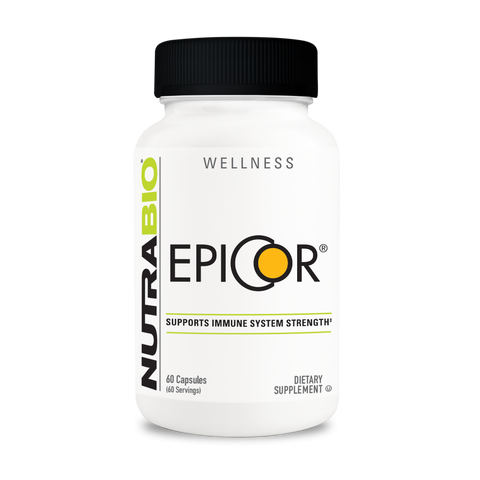 A white tub of NutraBio's Epicor supplement on a white background.