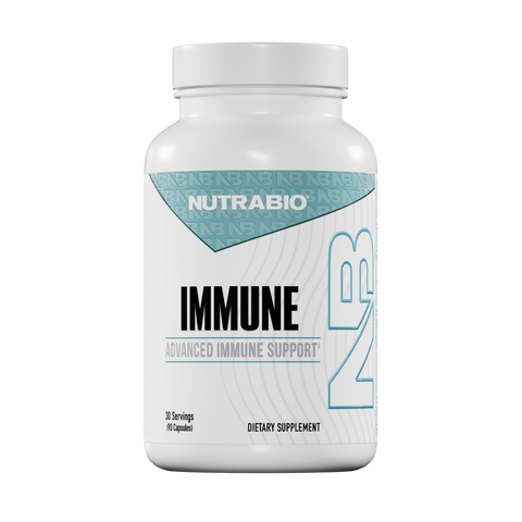 NutraBio Immune dietary supplement comes in a white bottle with a blue and gray label marked "IMMUNE: Advanced Immune Support." Each bottle contains 90 capsules, providing 30 servings for comprehensive immune system support.