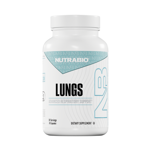 A white NutraBio Lungs bottle with light blue accents contains 90 capsules designed to support lung and respiratory health, shown on a plain background.