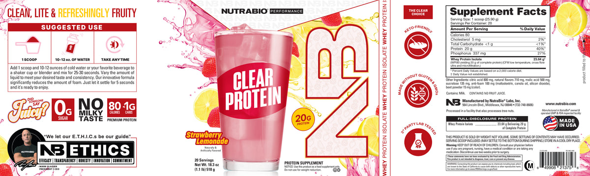 NutrabIo Clear Protein Strawberry Lemonade label flat. 