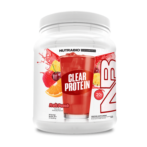 A white tub of NutraBio's fruit punch flavored Clear Protein supplement.