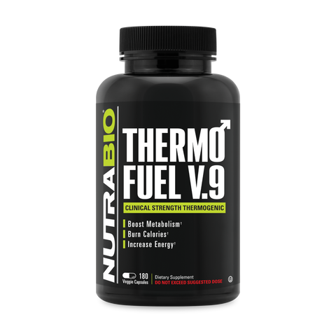 A black tub of NutraBio's Thermo Fuel V9 supplement on a white background.