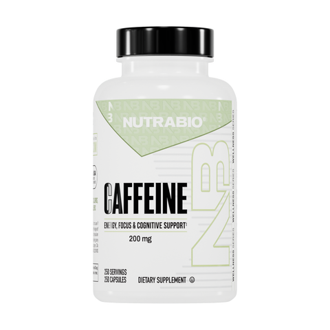 A white NutraBio Caffeine (200mg) bottle with a black cap and green accents, labeled for clean energy, focus & cognitive support, contains 250 capsules with 200mg caffeine anhydrous.