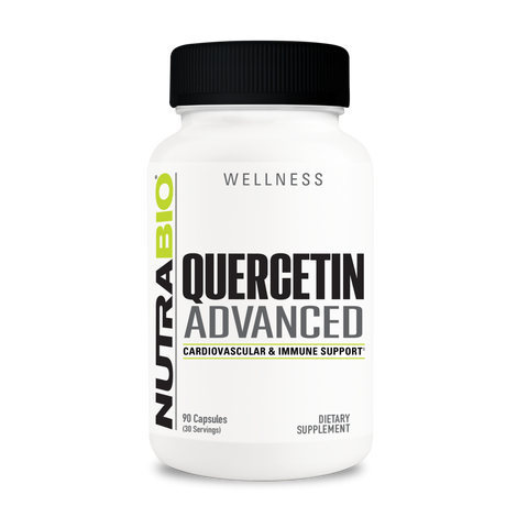 A white tub of NutraBio's Quercetin Advanced supplement on a white background.