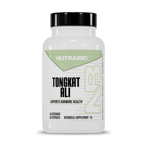 A white bottle labeled NutraBio Tongkat Ali LJ100 (200mg), a botanical testosterone booster with green and gray accents, contains 60 servings of capsules to support hormone health.