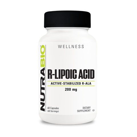 A white tub of NutraBio's R-Lipoic Acid supplement on a white background.