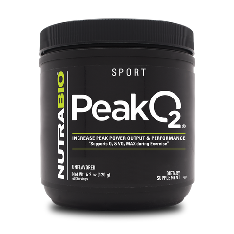 A black tub of NutraBio's Peak O2 supplement.
