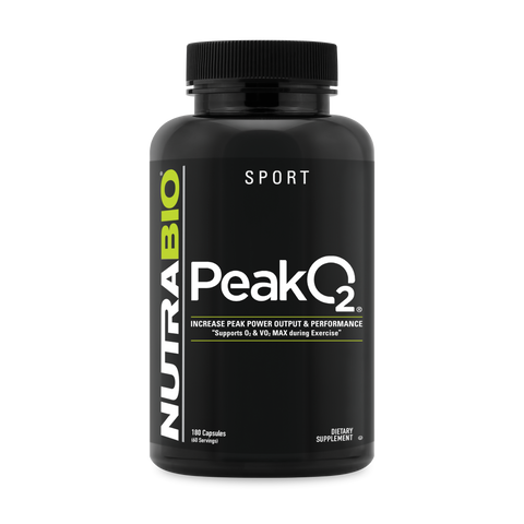 A black tub of NutraBio's Peak O2 supplement on a white background.
