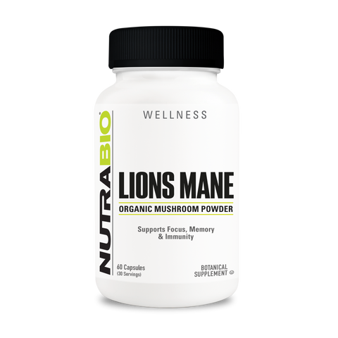 A white tub of NutraBio's Lion's Mane supplement on a white background.