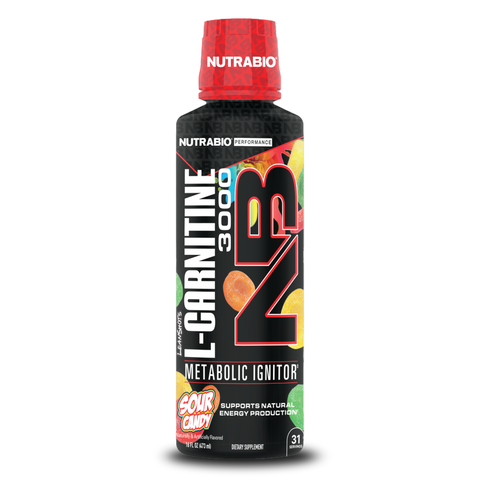 A black bottle of NutraBio's L-Carnitine drink on a white background.
