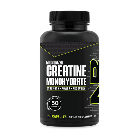 A black tub of NutraBio's Creatine Monohydrate supplement on a white background.