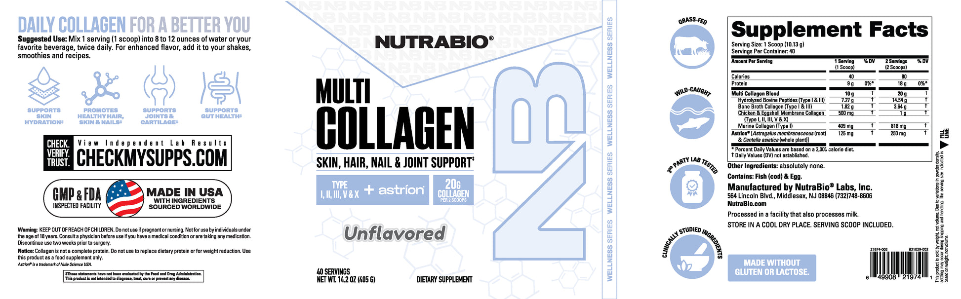 Nutrabo Multi Collagen supplement label with branding and product details.