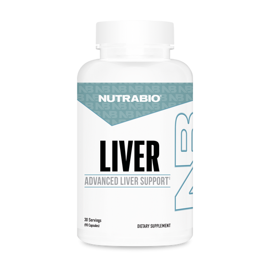 Bottle of NutraBio's supplement Liver, used for advanced liver support.