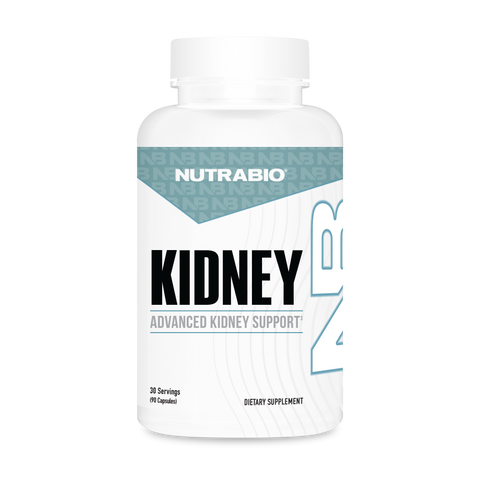 A white bottle labeled NutraBio Kidney is shown. The kidney support supplement contains 60 capsules, and its label features the NutraBio brand and product details in black and gray on a white background.