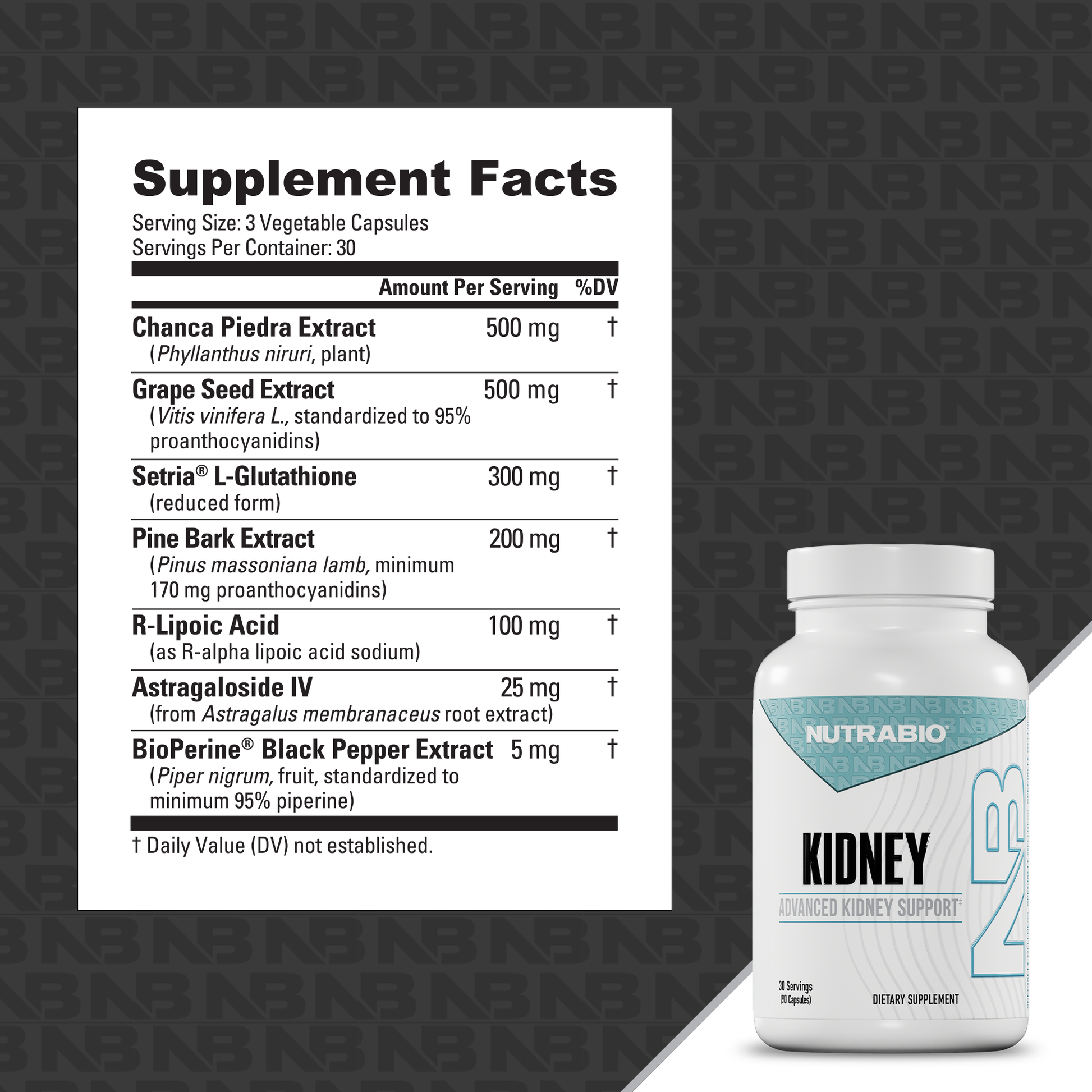 A supplement facts label for Nutrabio Kidney is shown next to a white bottle of Kidney Enhanced Kidney Support dietary supplement on a dark textured background.
